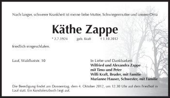 Traueranzeige von Käthe Zappe von Pegnitz-Zeitung
